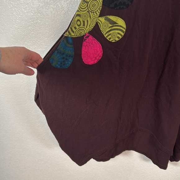 Nepal Brown Patchwork Flowers Pockets Bubble Hem Style Tunic Size Large - Picture 2 of 7